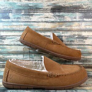 Lands End Moccasin Slippper 12D Brown Suede Faux Shearling Lined Indoor Outdoor